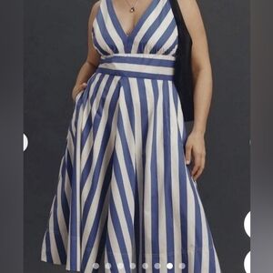 Anthropologie.           Striped V-Neck A-Line Dress in Blue and White